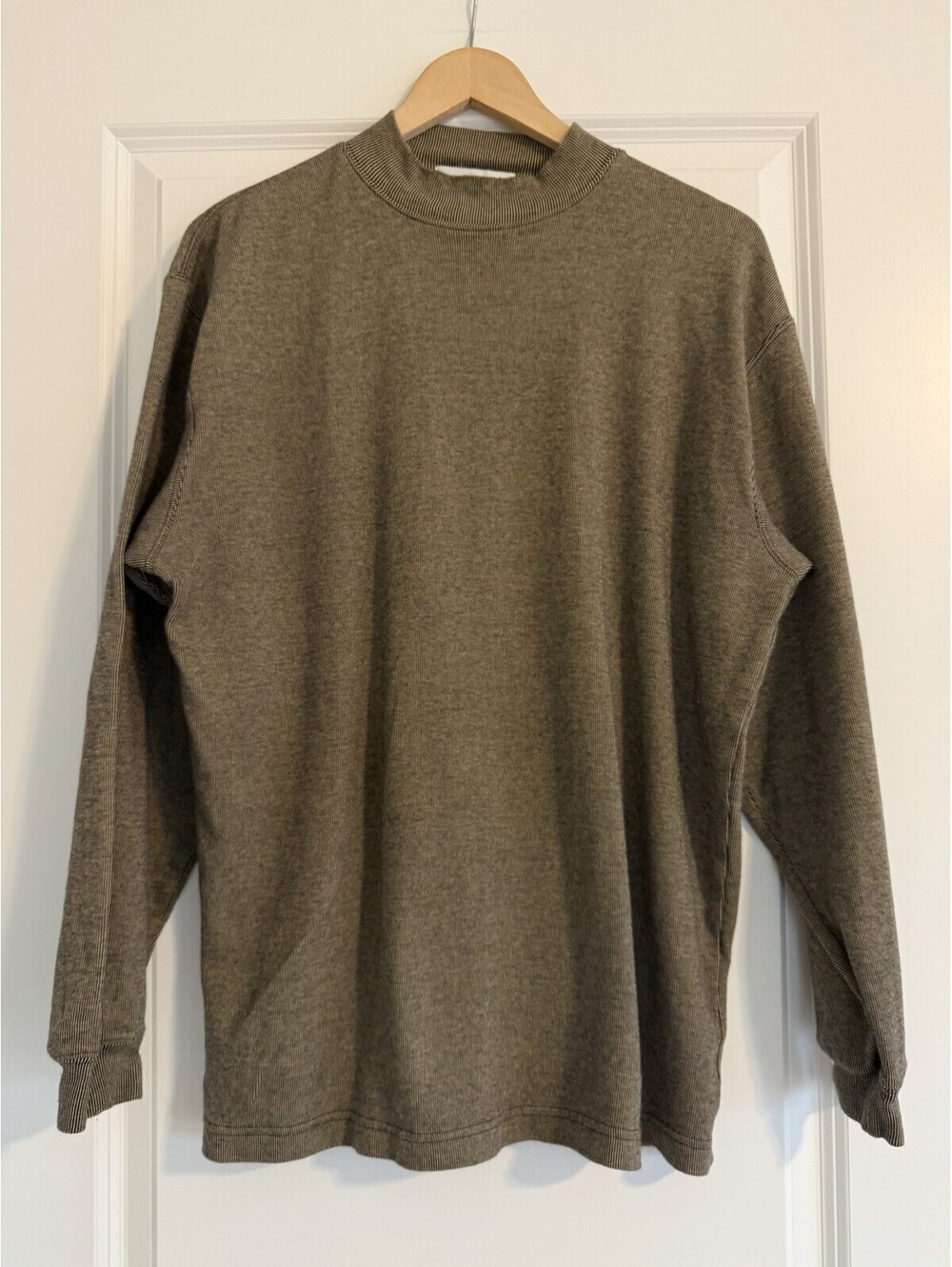 Saks Fifth Avenue Mock Neck Long Sleeve Top - Olive/Black Micro Stripe
